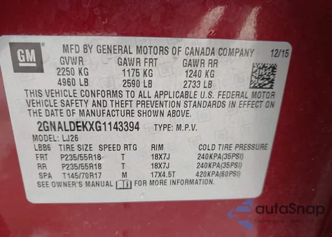 2016 Chevrolet Equinox Ltz z USA, uszkodzony, nr VIN 2GNALDEKXG1143394